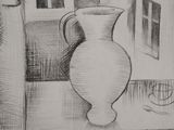 a black and white drawing of a vase on a table