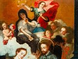 an image of a painting of a group of people sitting on a cloud