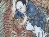 a painting of a man and a cat in a field