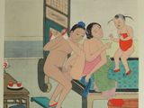 a painting of three women and a baby in a living room