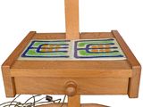 a wooden table with a clock on top of it