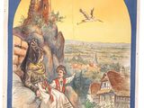 une vieille affiche française représentant une femme et un enfant assis sur un rocher