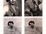 four black and white photos of a woman in a bathing suit