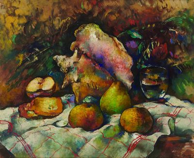 un tableau représentant une nature morte avec des fruits et une cruche