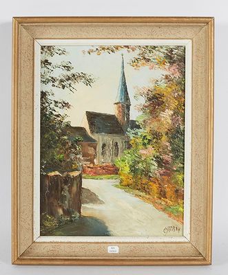 une peinture à l'huile d'une église avec un clocher en arrière-plan