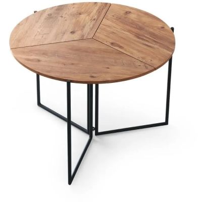 une table ronde en bois avec des pieds en métal noir et un plateau en bois