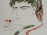 dessin représentant un homme coiffé d'une couronne de fleurs et tenant une fleur à la main