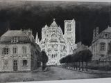 drawing of a black and white picture of a cathedral in a city