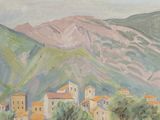 an image of a painting of a village in the mountains