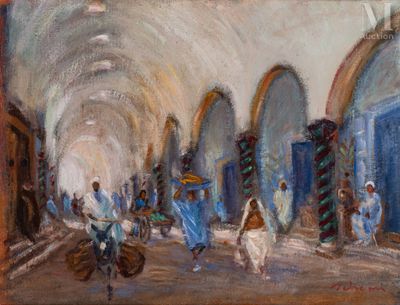 an oil painting of a group of people walking down a street