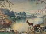 a painting of a painting of a deer by a river