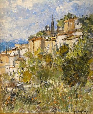 une peinture à l'huile représentant un village situé sur une colline, avec une église en arrière-plan