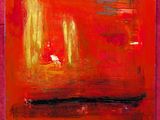 tableau représentant une peinture abstraite rouge et jaune posée sur un chevalet en bois