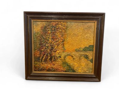 a painting of a tree in a field with a bridge in the background