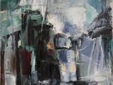 une peinture à l'huile d'un paysage urbain avec des bâtiments à l'arrière-plan