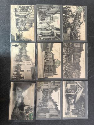 several black and white photographs of a train and a building