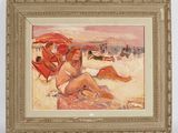 un tableau représentant deux femmes assises sur la plage