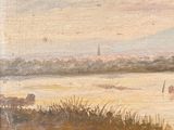an oil painting of a river scene with boats in the water