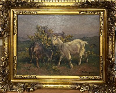 un tableau représentant deux chevaux dans un champ, près d'un arbre