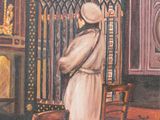 painting of a woman standing in front of a fireplace in a room