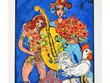 un tableau représentant deux femmes avec des fleurs et une guitare