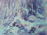 an oil painting of a wave crashing on the shore of a body of water