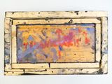 painting on a white wall with a wooden frame with a yellow and red painting on it