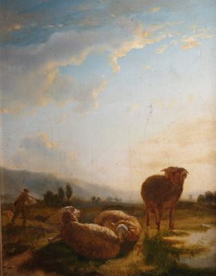 tableau représentant des moutons dans un paysage, avec un homme et un chien