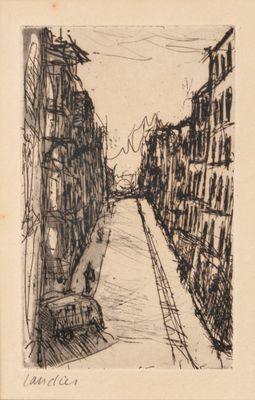 an image of a drawing of a street with buildings and a bench
