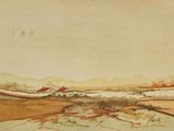 an image of a painting of a landscape with a red barn in the distance