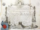 un vieux document sur lequel est apposé un cachet de cire rouge