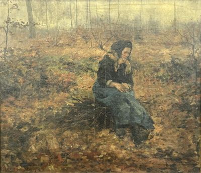 tableau représentant une femme assise sur une souche d'arbre dans les bois