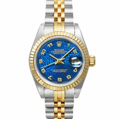 a close up of a watch with a blue dial on it