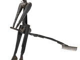 statue d'un homme tenant un râteau et une fourche sur fond blanc