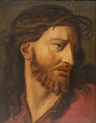 une peinture à l'huile représentant un homme portant une couronne d'épines sur la tête