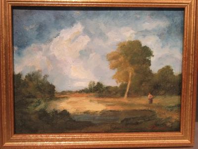 an oil painting of a landscape with trees and a person in the distance
