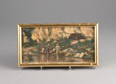 une peinture à l'huile représentant un homme et une femme dans un paysage