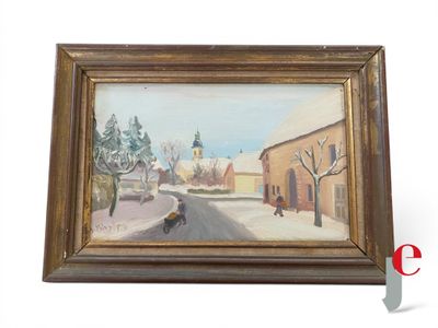 une image d'une peinture représentant une scène de rue avec une église en arrière-plan