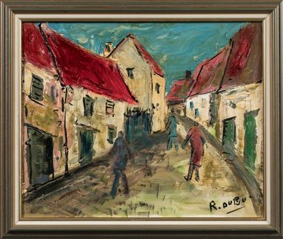 une peinture à l'huile représentant un homme marchant dans une rue d'un village