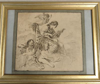 dessin représentant une femme jouant de la harpe en compagnie de deux enfants et d'un chien