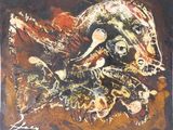 abstract painting of a man with a dog and birds on a brown background