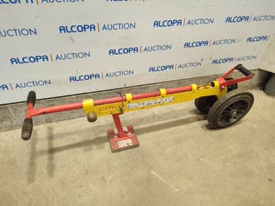 an image of a hand truck with a red and yellow handle