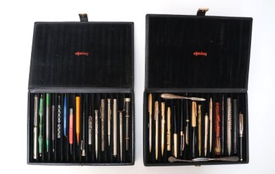 deux boîtes noires contenant des stylos et des crayons