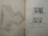 an open book with a drawing of a castle and a drawing of a tower