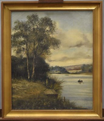 an oil painting of a river scene with a boat on the water