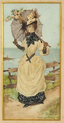 tableau représentant une femme en robe et chapeau, tenant une ombrelle