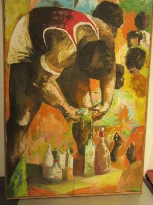un tableau représentant un homme penché en avant pour ramasser quelque chose