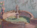 a painting of a fountain with a vase of flowers on it