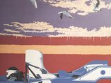 une peinture représentant une voiture de course avec des mouettes en vol en arrière-plan