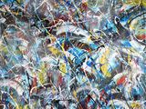 peinture abstraite réalisée à la peinture bleue, jaune, rouge et blanche sur une toile